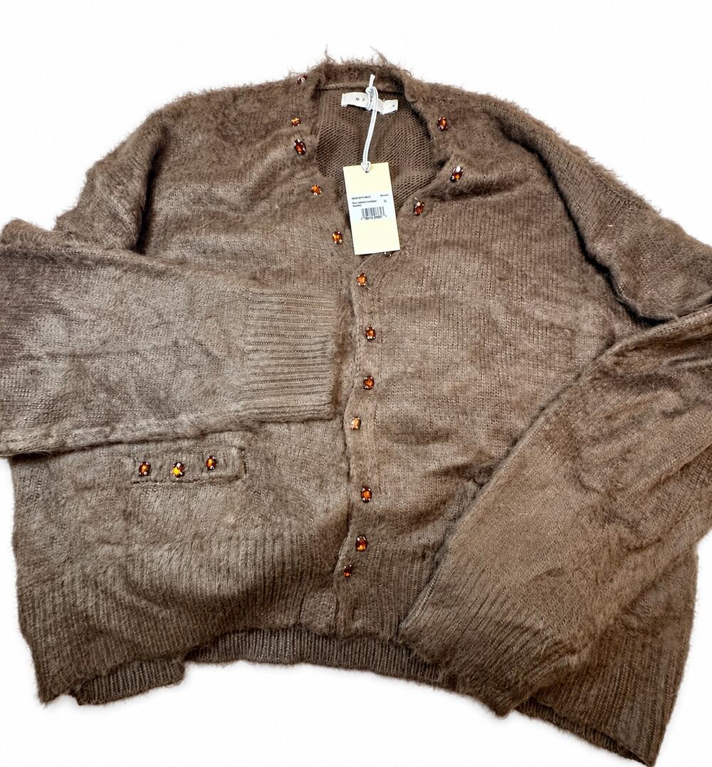 MNML Sky Jeweled Cardigan Sweater Men’s XL Brown Rhinestone Fuzzy Knit NWT Flaw - Picture 1 of 6